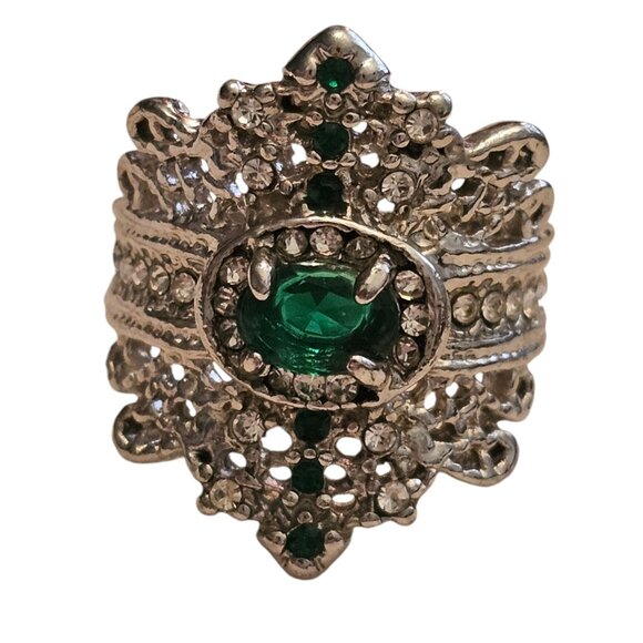 Victorian Trading Green Rhinestone & CZ Sterling Silver 925 Queen Ring Size 6 - Picture 1 of 16